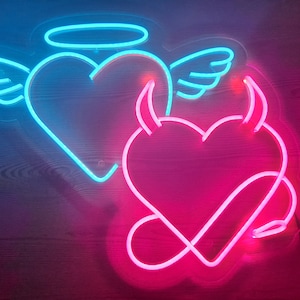 Angel and devil neon sign,Heart neon sign,Heart neon light,Flex neon,Led neon sign wall decor,Neon sign bedroom heart,Wedding neon sign