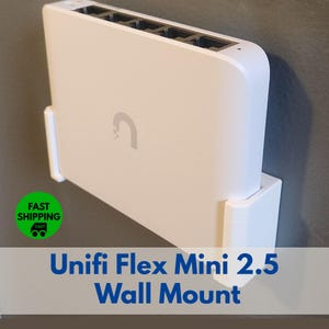 May include: White wall mount for a UniFi Flex Mini 2.5 network switch. The mount is made of plastic and has a simple design. The switch is not included.