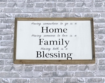 Rustic Wood Framed Sign Quote|Having Somewhere to Go Is a Home|Whitewashed Farmhouse Decor|Framed Wall Sign|Family|Blessing