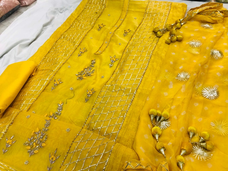Hand Embroidered Salwar Kameez DupattaBeautiful Panel Embroidery In Yellow Color ChanderiChiffon Gota Work And Bhandani Print Dupatta