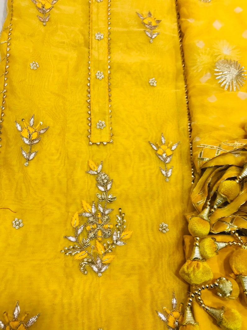 Hand Embroidered Salwar Kameez DupattaBeautiful Panel Embroidery In Yellow Color ChanderiChiffon Gota Work And Bhandani Print Dupatta