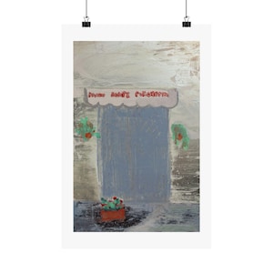 May include: An abstract painting of a shop front with a blue door and a red awning that reads "PANINI BIANCHI PORCHETTA". The painting has a textured appearance with a red flower pot and green plants.