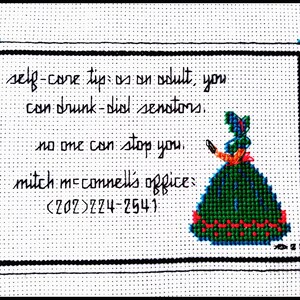 May include: Cross-stitch artwork featuring a woman in a green dress holding a phone. The text reads "self-care tip: as an adult, you can drunk-dial senators, no one can stop you. Mitch McConnell's office: (202)224-2541"