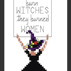 May include: A pixelated illustration of a figure holding a sign that reads "They didn't burn WITCHES they burned WOMEN." The figure is wearing a black dress and a purple witch hat with green and red accents. The image has a white background.