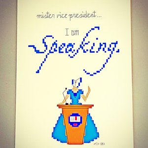 Peut inclure: Une illustration bleue et jaune d'une personne debout sur un podium avec le texte "mister vice president... I am Speaking" au-dessus d'elle.