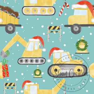 Teal Christmas Construction Digger Tractor Holidays Seamless Pattern Digital Paper