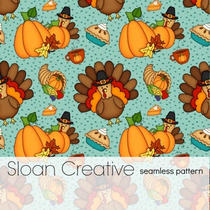 Turkey Pumpkin Teal Harvest Fall Autumn Thanksgiving Seamless Digital Pattern