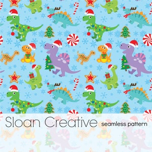 May include: A seamless pattern featuring a variety of dinosaurs wearing Santa hats and holding Christmas gifts. The background is a light blue with snowflakes and candy canes. The pattern is perfect for holiday crafts and decorations.