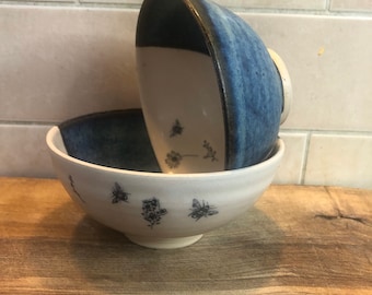 Handmade Stoneware Ramen Bowl: Bee Line Design, Blue Glaze