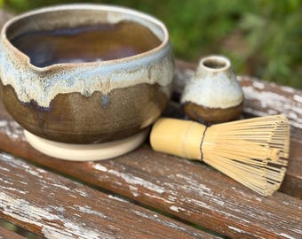 Hand-Thrown Matcha Tea Set. Whisk, Bowl, and Stand. Choice of 3 Colours