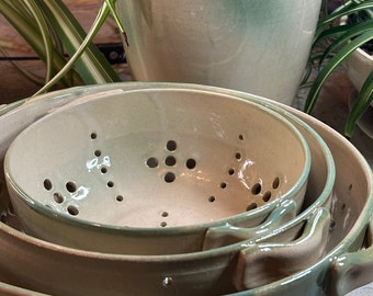 Berry Bowl or Colander hand thrown in stoneware in a clear pastel green, available in 3 sizes or a set