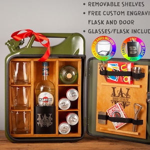 Jerry Can Mini Bar V1 -FREE PERSONALIZED ENGRAVEMENT,  3 glasses, customised flask! Best Gift birthday mancave retirement