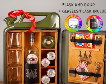 Jerry Can Mini Bar V1 -FREE PERSONALIZED ENGRAVEMENT,  3 glasses, customised flask! Best Gift birthday mancave retirement