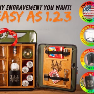 Jerrycan-minibar V1: GRATIS GEPERSONALISEERDE GRAVURE, 3 glazen, aangepaste fles, metalen wandhanger! Beste verjaardagscadeau mancave pensioen