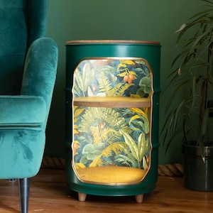 Green Oil drum night stand with OAK shelves, oil drum bar, side table, shelf - handmade in Poland from 60l oil drum cabinet coffee table