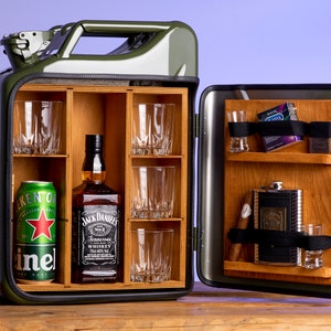 Jerry Can Mini Bar V1 FREE PERSONALIZED ENGRAVEMENT, 3 glasses, customised flask, metal wall hanger Best Gift Ever birthday mancave image 9