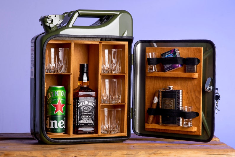 Jerry Can Mini Bar V1 FREE PERSONALIZED ENGRAVEMENT, 3 glasses, customised flask, metal wall hanger Best Gift Ever birthday mancave image 9