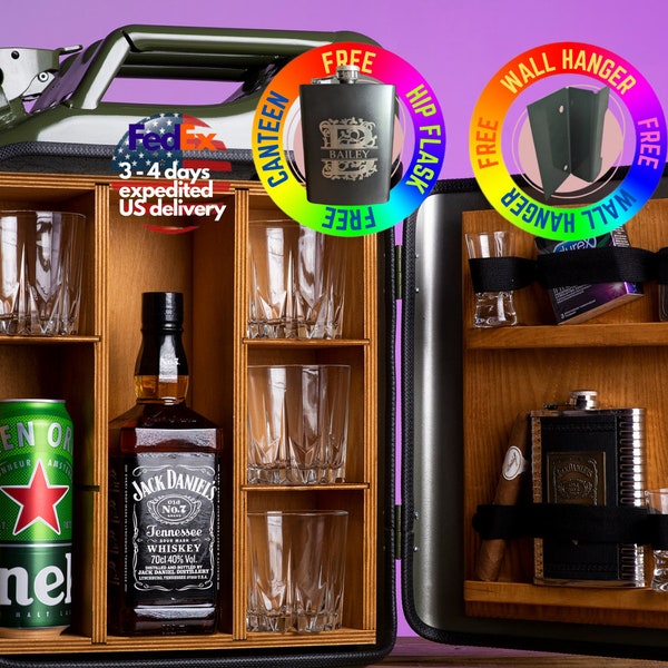 Jerry Can Mini Bar V1 – KOSTENLOSE PERSONALISIERTE GRAVUR, 3 Gläser, individuell gestalteter Flachmann, Wandaufhänger aus Metall! Bestes Geschenk aller Zeiten zum Geburtstag