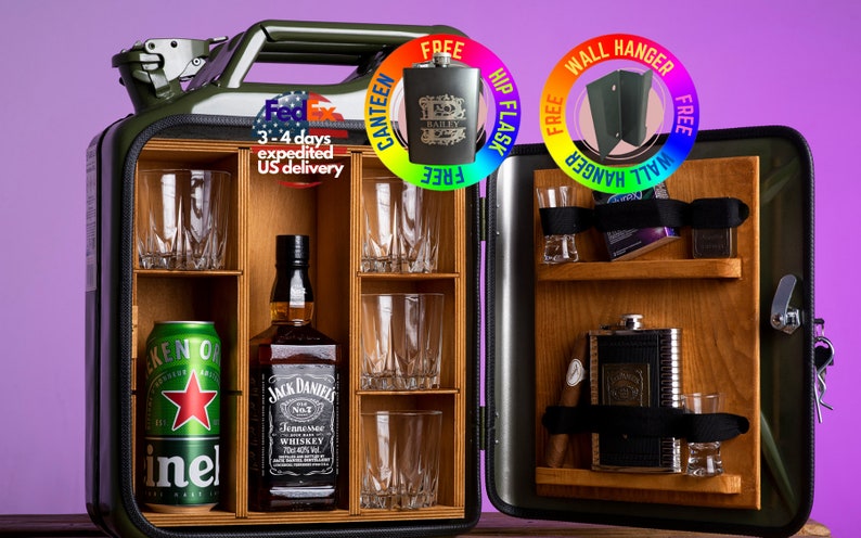 Jerry Can Mini Bar V1 FREE PERSONALIZED ENGRAVEMENT, 3 glasses, customised flask, metal wall hanger Best Gift Ever birthday mancave image 1