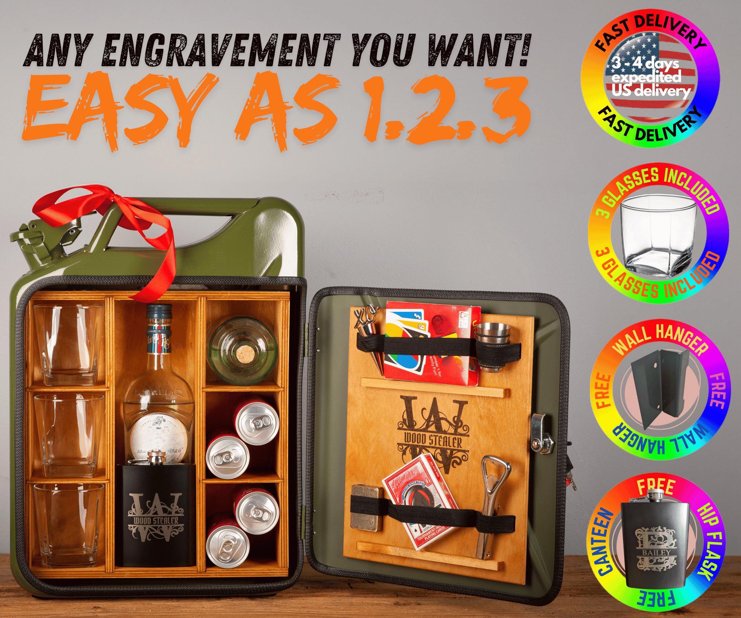 Jerry Can Mini Bar V1 -FREE PERSONALIZED ENGRAVEMENT,  3 glasses, customised flask, metal wall hanger! Best Gift birthday mancave retirement
