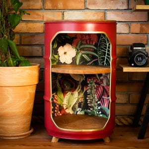 Red Oil drum night stand with OAK shelves, oil drum bar, side table, shelf - handmade in Poland from 60l oil drum cabinet coffee table