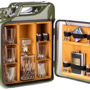 Jerry Can Mini Bar V1 FREE PERSONALIZED ENGRAVEMENT, 3 glasses, customised flask, metal wall hanger Best Gift Ever birthday mancave image 7
