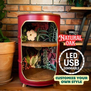 Bar em formato de tambor de óleo vermelho, prateleiras de carvalho, luzes LED USB.