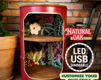 Roter Ölfass-Bar-Schrank, Eichenregale, USB-LED-Leuchte