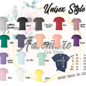 Puede incluir: Un gr&aacute;fico que muestra diferentes colores de camisetas con el texto "Unisex Style" y "Adventure Tee Shop". El gr&aacute;fico tambi&eacute;n incluye una tabla de tallas con medidas en pulgadas. El texto "Runs True to Size" est&aacute; en la parte inferior del gr&aacute;fico.