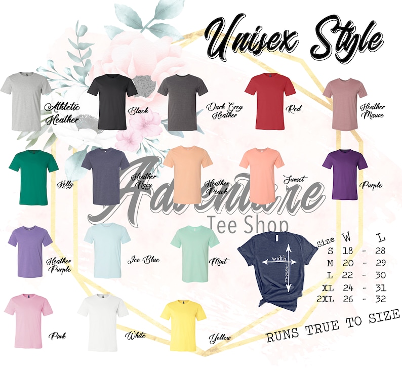 Puede incluir: Un gr&aacute;fico que muestra diferentes colores de camisetas con el texto "Unisex Style" y "Adventure Tee Shop". El gr&aacute;fico tambi&eacute;n incluye una tabla de tallas con medidas en pulgadas. El texto "Runs True to Size" est&aacute; en la parte inferior del gr&aacute;fico.