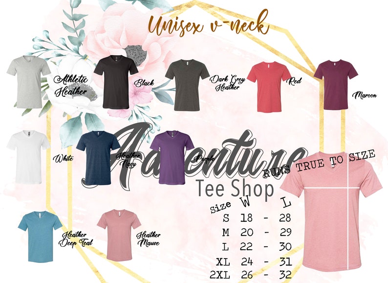 Puede incluir: Un gr&aacute;fico que muestra las medidas de talla y ancho para camisetas unisex de cuello en V en una variedad de colores, incluyendo gris deportivo, negro, gris oscuro, rojo, granate, blanco, azul marino jaspeado, morado, azul oscuro jaspeado y malva jaspeado. El gr&aacute;fico tambi&eacute;n incluye el texto "Runs True to Size" y "Adventure Tee Shop".