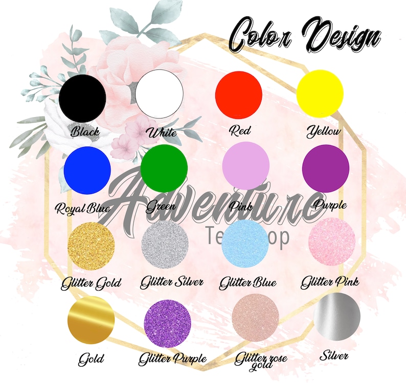 Puede incluir: Carta de colores con 16 opciones de color diferentes para un producto. Los colores incluyen negro, blanco, rojo, amarillo, azul real, verde, rosa, morado, oro brillante, plata brillante, azul brillante, rosa brillante, oro, morado brillante, oro rosa brillante y plata.