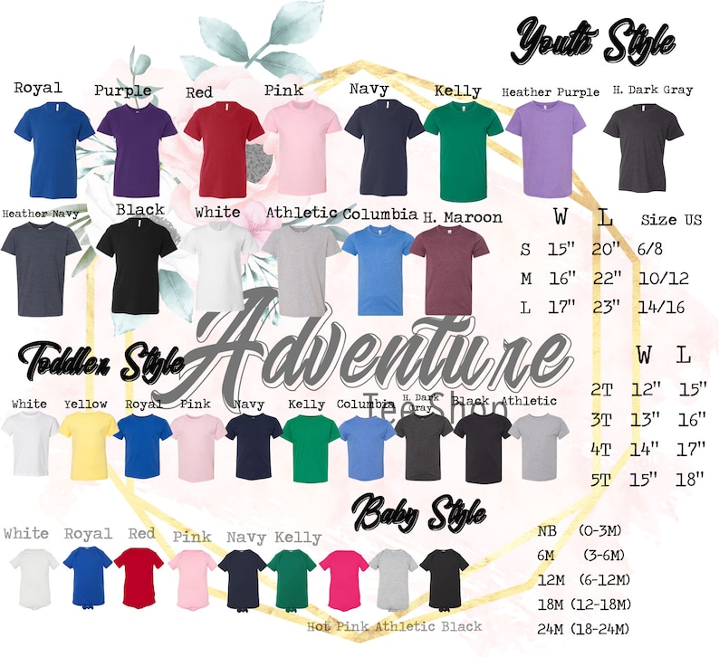 Puede incluir: Un gr&aacute;fico que muestra diferentes colores y tama&ntilde;os de camisetas para ni&ntilde;os, beb&eacute;s y ni&ntilde;os peque&ntilde;os. El gr&aacute;fico incluye el texto "Adventure" en una fuente grande y estilizada. El gr&aacute;fico tambi&eacute;n incluye medidas de tama&ntilde;o en pulgadas.