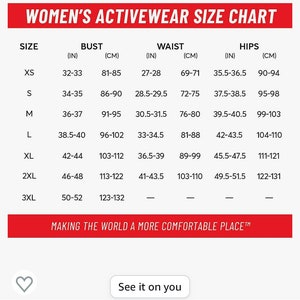 May include: A size chart for women's activewear, showing bust, waist, and hip measurements in inches and centimeters. The chart includes sizes XS through 3XL.