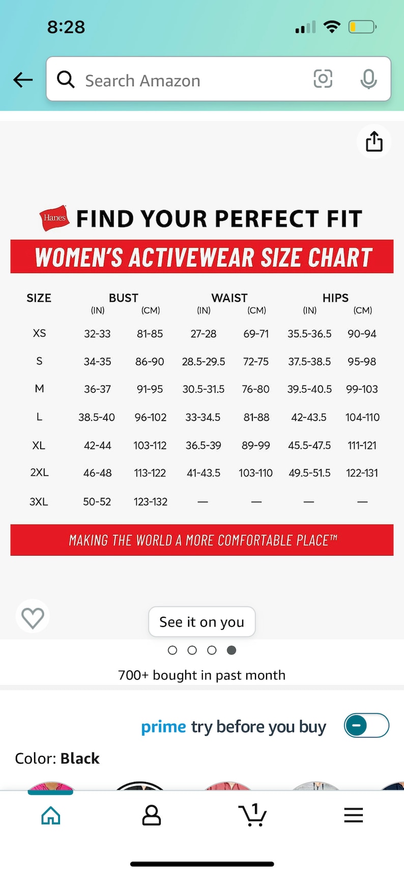 May include: A size chart for women's activewear, showing bust, waist, and hip measurements in inches and centimeters. The chart includes sizes XS through 3XL.