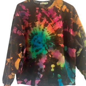 Black reverse tie dye bright colorful pastel rainbow swirl crew neck cotton blend sweatshirt for women, all sizes, plus sizes, tie-dye