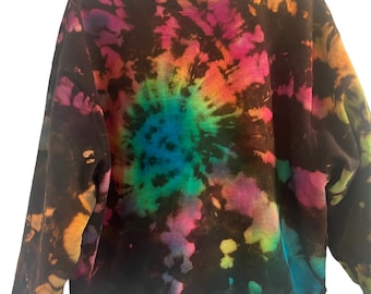 Black reverse tie dye bright colorful pastel rainbow swirl crew neck cotton blend sweatshirt for women, all sizes, plus sizes, tie-dye