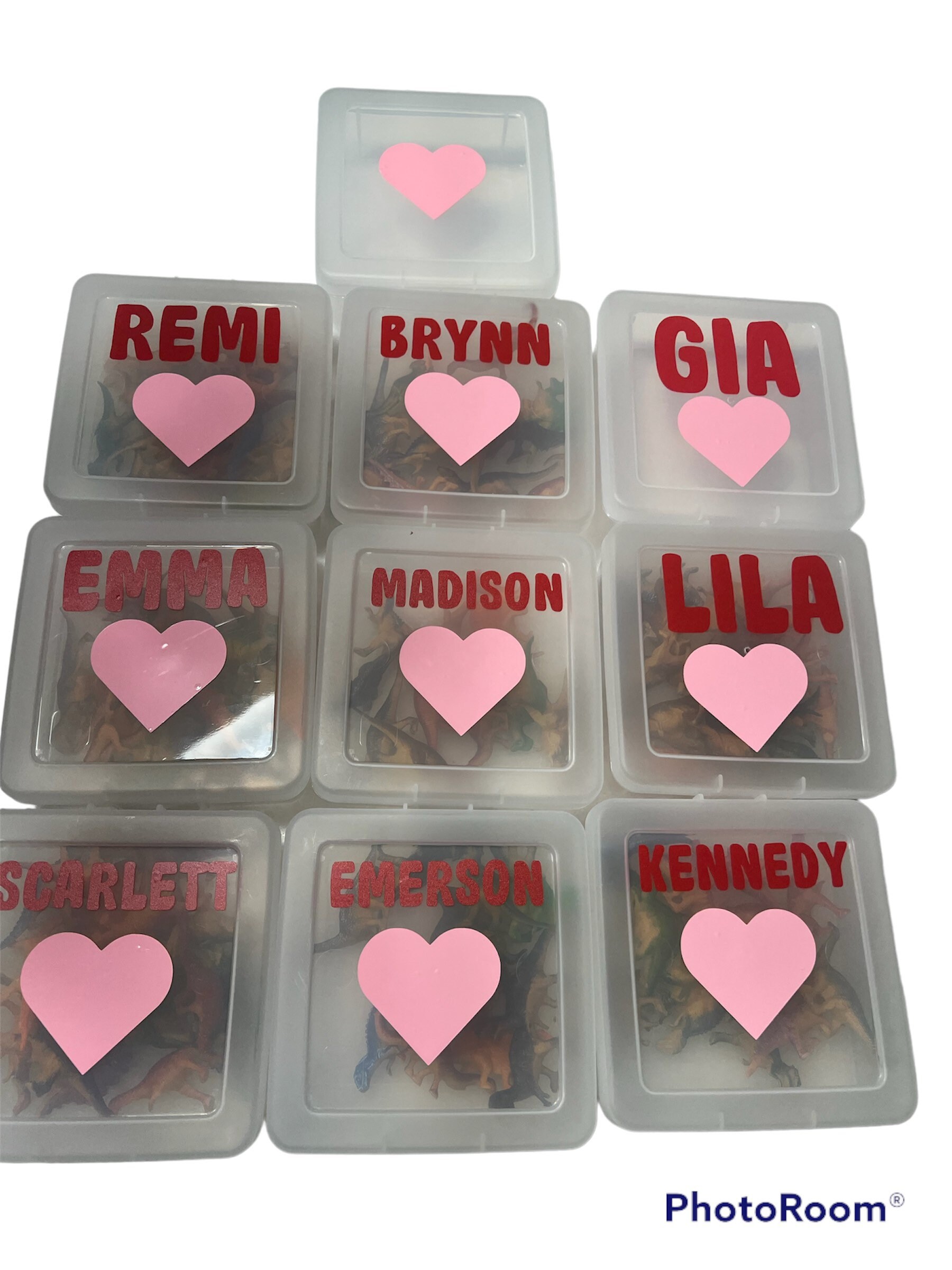 Children's small party favors, personalized party favor box with name of choice, custom dinosaur or heart design, 4.5 x 4.5 inches