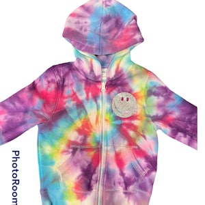 Rainbow tie dye full zipper cotton hoodie sweatshirt for girls, sixes 2T-10, with silver glitter smiley face on front and personalized name