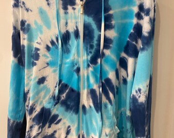 Tie-dye dameshoodie met rits, 100% katoenen lichtgewicht hoodie, sweater met rits, blauwe tie-dye-hoodie, tie-dye met rits