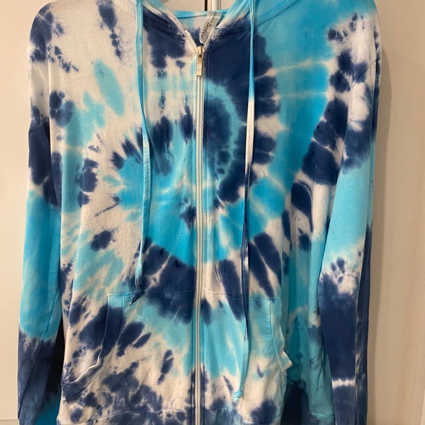 Tie Dye Damen Kapuzen-Reißverschluss-Sweatshirt, leichter Hoodie aus 100 Prozent Baumwolle, Reißverschluss-Sweatshirt, blauer Tie-Dye-Hoodie, Tie-Dye-Reißverschluss