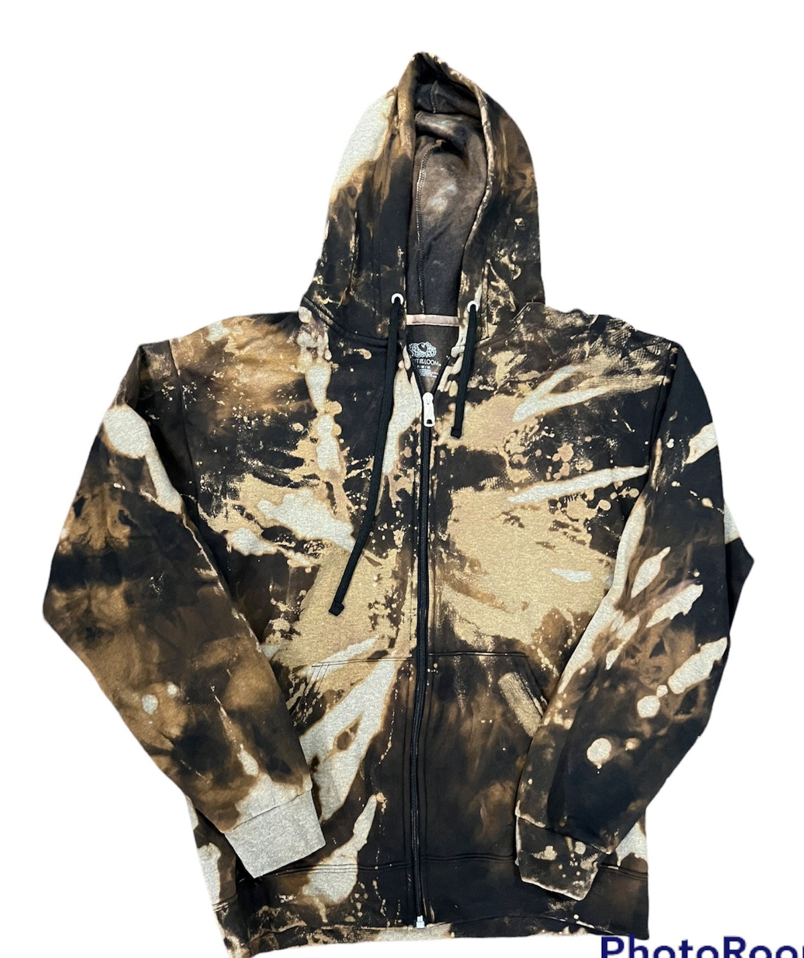 Black reverse tie dye, bleach tie dye, hoodie sweatshirt with full zipper, sizes adult unisex small to 2xl, men, women, unisex  adult sizes