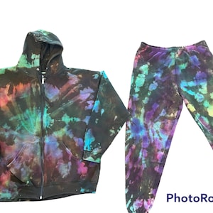 Reverse Tie Dye Sweat Set, schwarzer Tie Dye Zipper Hoodie und schwarze Tie Dye Jogginghose, Baumwolle, sehr weich, Tie Dye Sweats Set, Weihnachten