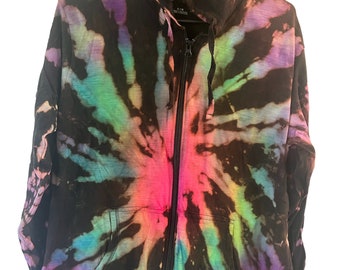 Omgekeerde zwarte tie-dye lichtgewicht hoodie met ritssluiting, hoodie met rits, tie-dye, regenboog, roze, 100 procent katoen, herfstkleding