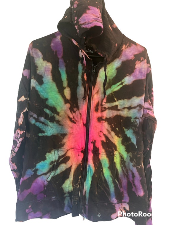 Reverse black tie-dye lightweight hoodie jacket with zipper closure, zip up hoodie, tie dye, rainbow, pink, 100 percent cotton, fall clothes