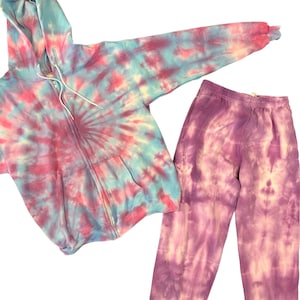Tie dye sweatsuit set - sold as set or separately - hoodie is purple and blue swirl with full panel zipper/ pants purple jogger sweatpants