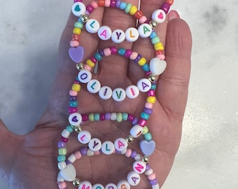 Custom heart shaped beaded friendship bracelets with personalized name for toddlers, kids, girls, class favors, birthday party favors