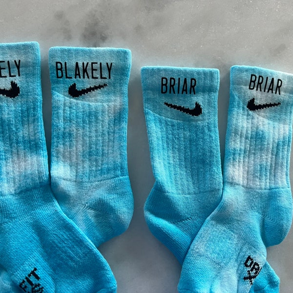 Personalized nike crew socks tie dye with color and name of choice, blue, green, rainbow, kids and adult sizes, custom tie dye crew socks