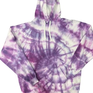 Purple tie dye cotton heavyweight pullover sweatshirt for women with drawstring closure and front kangaroo pocket, other colors options