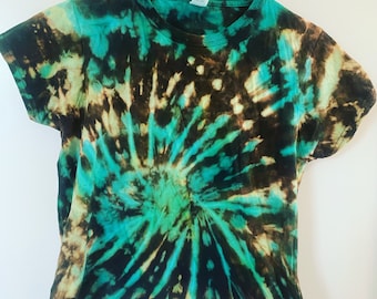 Groene omgekeerde zwarte tie-dye, tie-dye, tye dye cropped T-shirt van 100 procent katoen, maten XS-XXL, normaal, grote maten voor vrouwen, tie-dye